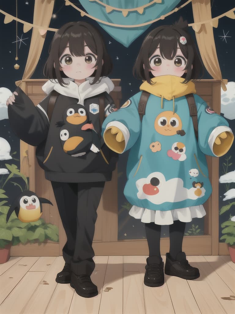  Penguin, Yuru Chara, Mascot, Beautiful Beauty Couple, 💩: 0.6, 💩: 0.0, 💩, 💩, 💩,, masterpiece, best quality,8k,ultra detailed,high resolution,an extremely delicate and beautiful,hyper detail