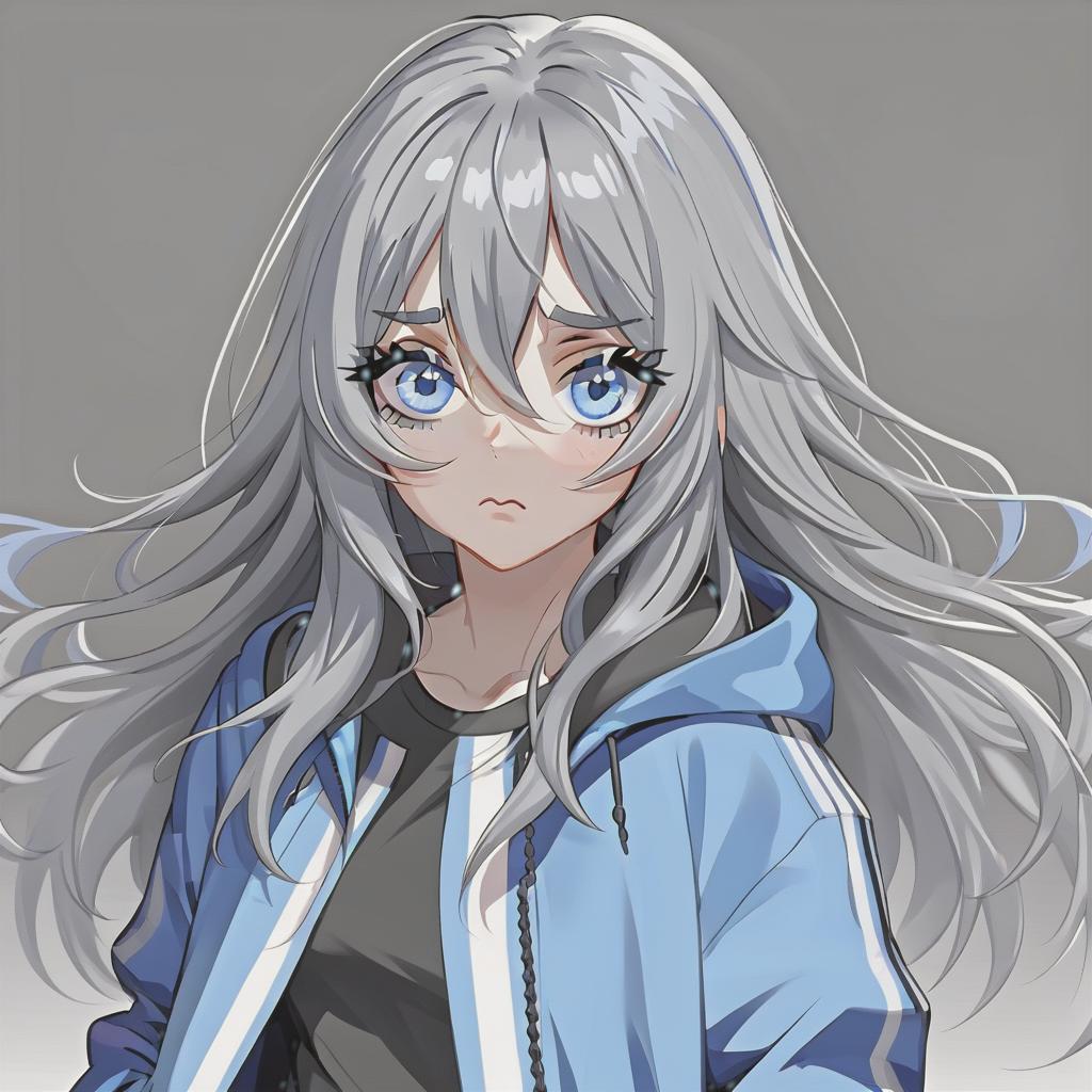  a girl with blue eyes and very long gray hair. her bangs are stacked on both sides, except for the long part in the middle. in everyday clothes she wears an oversize jacket, blue, in a white strip, the jacket is partially unbuttoned. under her she puts on a black shirt and short blue shorts. the expressions of the girl’s face are insignificant, but noticeable. her face is calm with almost no emotions.