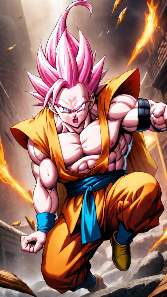  anime art: majin buu from dragon ball faces goten and trunks, the super saiyan duo, in an epic battle. hyperrealistic, full body, detailed clothing, highly detailed, cinematic lighting, stunningly beautiful, intricate, sharp focus, f/1. 8, 85mm, (centered image composition), (professionally color graded), ((bright soft diffused light)), volumetric fog, trending on instagram, trending on tumblr, HDR 4K, 8K