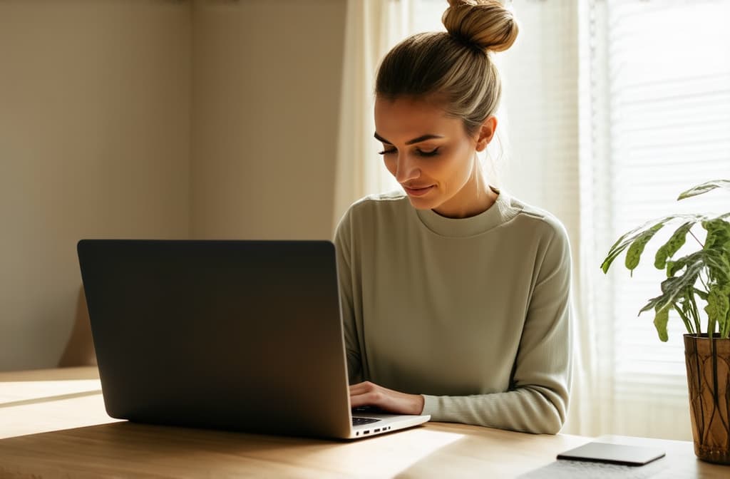  professional detailed photography, girl with a bun on her head works on a laptop in a bright room, good lighting ar 3:2, (muted colors, dim colors, soothing tones), (vsco:0.3)