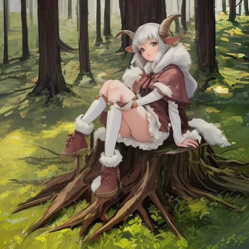  the girl, her legs are goats, covered with wool hooves, sitting on a stump