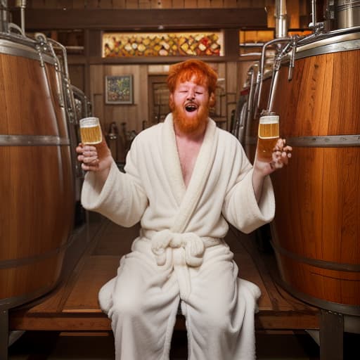  red haired scoof man with beer in his hand, robe and smelly feet, cute , furry , expressive , by seth casteel , carli davidson , rachael hale mckenna, kaylee greer, sophie gamand