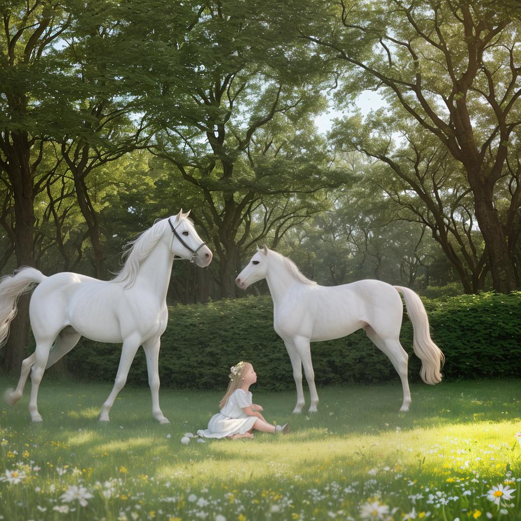  masterpiece, best quality, A young gently caressing the mane of a majestic white horse in a lush green meadow, surrounded by wildflowers and tall gr. The sunlight filters through the leaves of the trees, casting a warm, ethereal glow over the peaceful scene. The 's expression is one of pure joy and connection with the animal, capturing a moment of serene beauty in nature. Photography Soft natural light Canon EOS 5D Mark IV, f/2.8, 1/500 sec, ISO 200