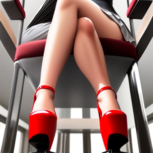  girl, sit on chair, crossing legs, platform high heels, view from below, focus on feet, sole showing