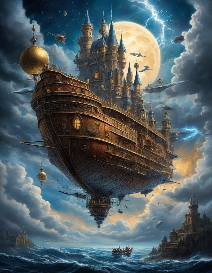  space themed a ((flying)) steampunk ship, view from below, a gothic castle is built on the deck, michael cheval style, surrealism, against the background of clouds and lightning, dramatic plot, fantasy, ultra detailed, weird geometry . cosmic, celestial, stars, galaxies, nebulas, planets, science fiction, highly detailed