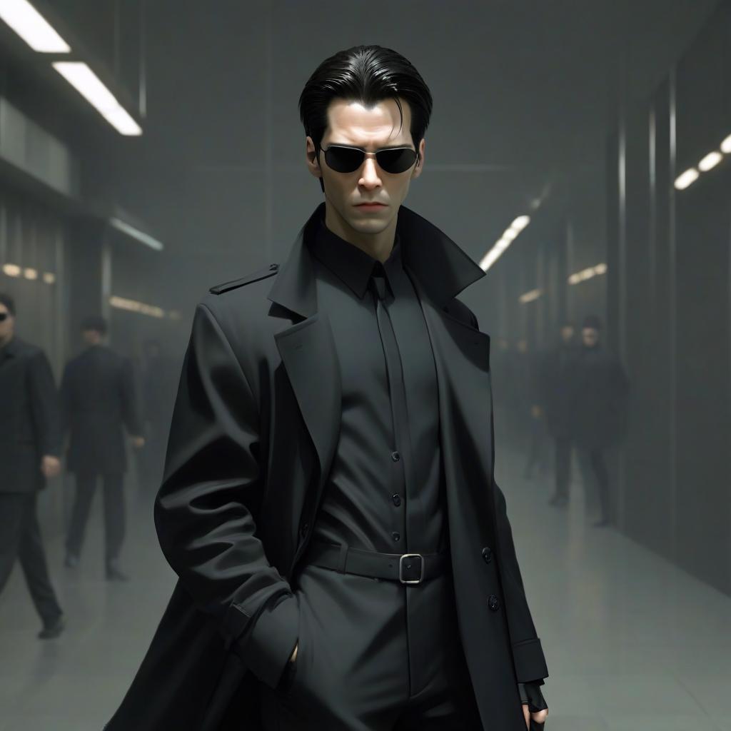  neo from "the matrix" is typically depicted with a sleek and iconic appearance. he is often seen wearing a long, black trench coat that flows as he moves. underneath, he usually sports simple, dark clothing, such as a black shirt and pants, which contribute to his streamlined and mysterious look. neo's hair is short and dark, maintained in a clean, almost military cut. his eyes are often obscured by a pair of small, oval shaped, black sunglasses, which add to his enigmatic and cool demeanor. his overall appearance is both minimalist and striking, embodying the hacker turned hero persona central to his character.