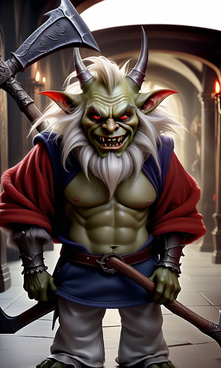  hyperrealistic art an evil goblin king, a crown on his head, with a small beard, red eyes, an evil grin on his face, a mantle with a fluffy collar, a large axe on his shoulder, a sporty physique. . extremely high resolution details, photographic, realism pushed to extreme, fine texture, incredibly lifelike, perfecteyes, hkmagic