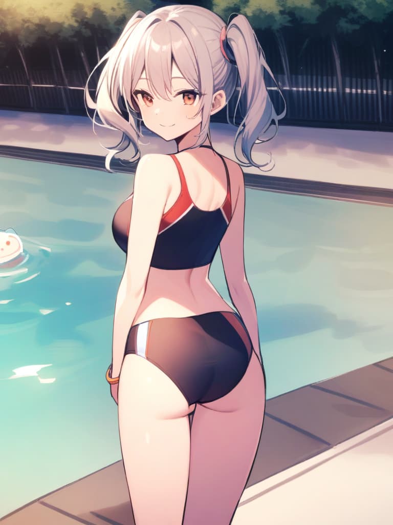  s, twin tails, cute smiles, swimwear, male (sharp swelling), poolside, whole body,