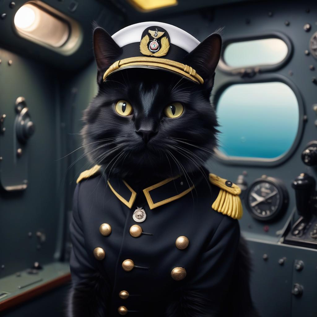  a furry black cat in the style of a german captain from the second world war, in a submarine