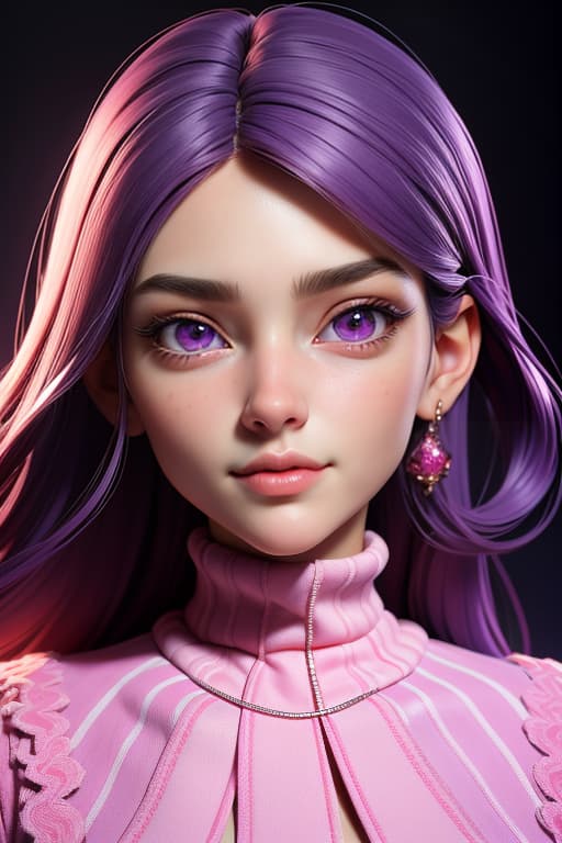  3d,(masterpiece, top quality, best quality, official art, beautiful and aesthetic:1.2), (fractal art:1.3), 1 , beautiful face, detailed face, high detailed, purple hair with a hint of pink,(beautiful eyes), pink eyes, dark lighting, cute face, looking the sky, medium shot, white sweater, black , jewelry