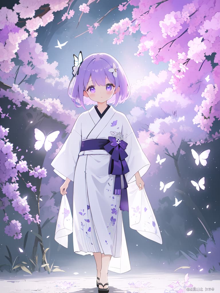  girl, white butterfly pattern yukata, dark purple obi, lavender hair, purple cat eyes, masterpiece, best quality,8k,ultra detailed,high resolution,an extremely delicate and beautiful,hyper detail hyperrealistic, full body, detailed clothing, highly detailed, cinematic lighting, stunningly beautiful, intricate, sharp focus, f/1. 8, 85mm, (centered image composition), (professionally color graded), ((bright soft diffused light)), volumetric fog, trending on instagram, trending on tumblr, HDR 4K, 8K