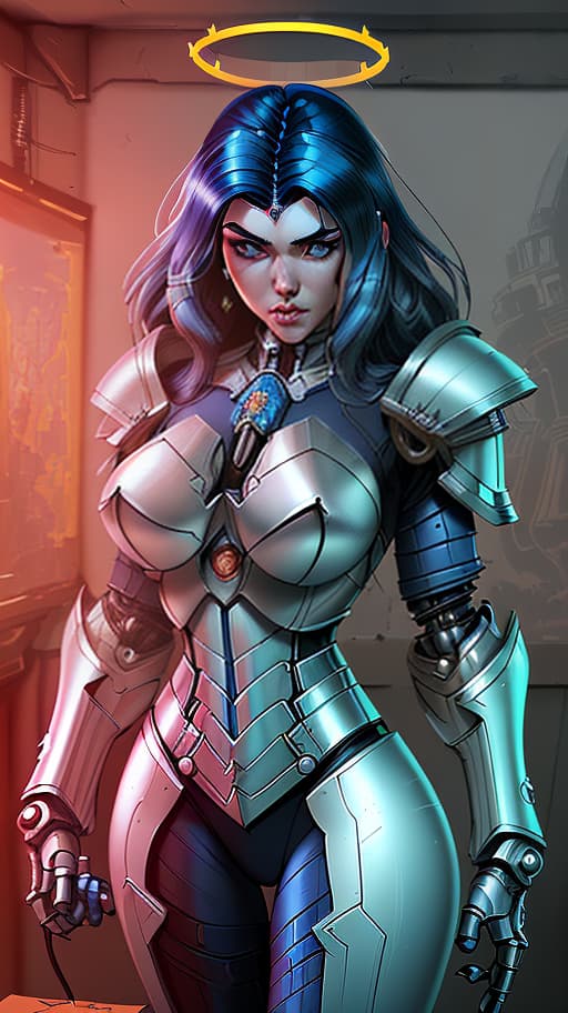  the girl in armor "ultramarine warhammer 40000", without a helmet, long hair, halo over his head, in hand holds a bolt, steampunk cybernetic biomechanical, 3d model, very coherent symmetrical artwork, unreal engine realistic render, 8k, micro detail, intricate, elegant, highly detailed, centered, digital painting, artstation, smooth, sharp focus, illustration, artgerm, caio fantini, wlop