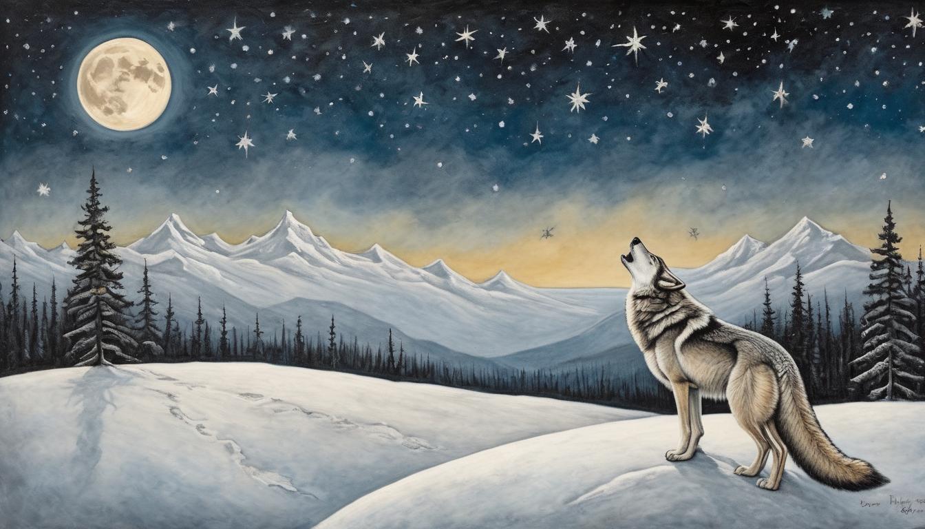  on parchment, surrealism++, a lone wolf standing on a snow covered peak, howling at a crescent moon, stark landscape, strength amid solitude, night sky filled with stars(mysterious, provocative, symbolic)++