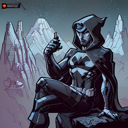  a man sitting on the edge of a mountain, a man in a black cape in a hood, vast space, meteorites, indie game art, (vector art, borderlands style, arcane style, cartoon style), line art, disctinct features, hand drawn, technical illustration, graphic design, vector graphics, high contrast, precision artwork, linear compositions, scalable artwork, digital art, cinematic sensual, sharp focus, humorous illustration, big depth of field, masterpiece, trending on artstation, vivid colors, trending on artstation, trending on cgsociety, intricate, low detail, dramatic