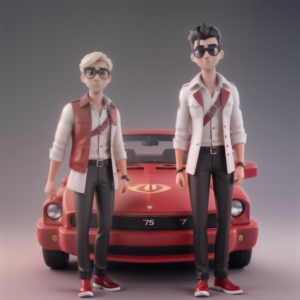  A blond man and a black-haired man, sunglasses, a red car with white stripes on the sides, high definition, 70s style hyperrealistic, full body, detailed clothing, highly detailed, cinematic lighting, stunningly beautiful, intricate, sharp focus, f/1. 8, 85mm, (centered image composition), (professionally color graded), ((bright soft diffused light)), volumetric fog, trending on instagram, trending on tumblr, HDR 4K, 8K