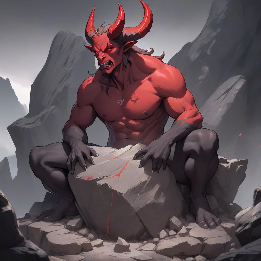  a demonic demon sitting on top of a rock, trend in art station, red horns, zen aesthetic, mono, transformation scene h 768, official character illustration, as above so below, rendered lighting, deity, bull, inspired by takeuchi seihō, endgame boss