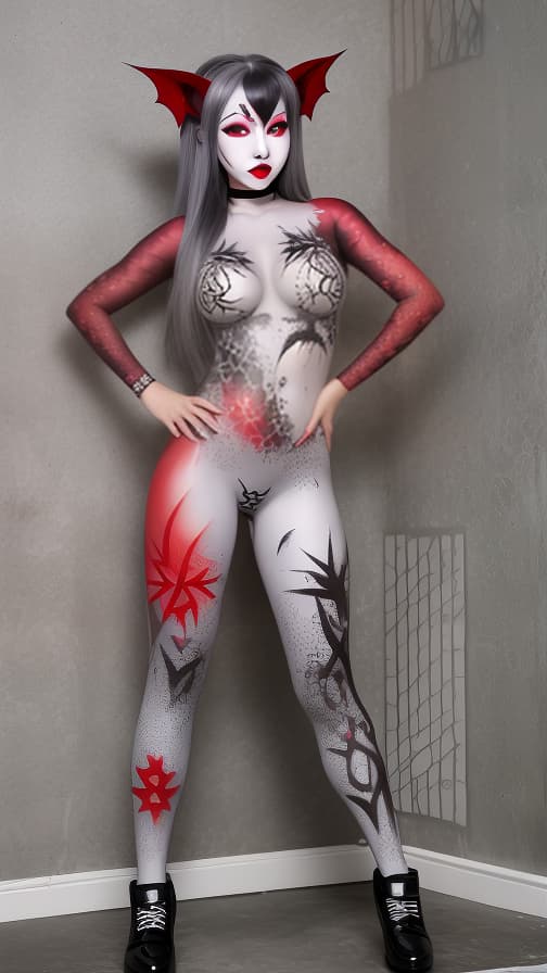  Grey and red bat pattern body paint in every corner of the body,silver body paint all over the body,Grey face paint on the face, Two succubus, full body image 女性