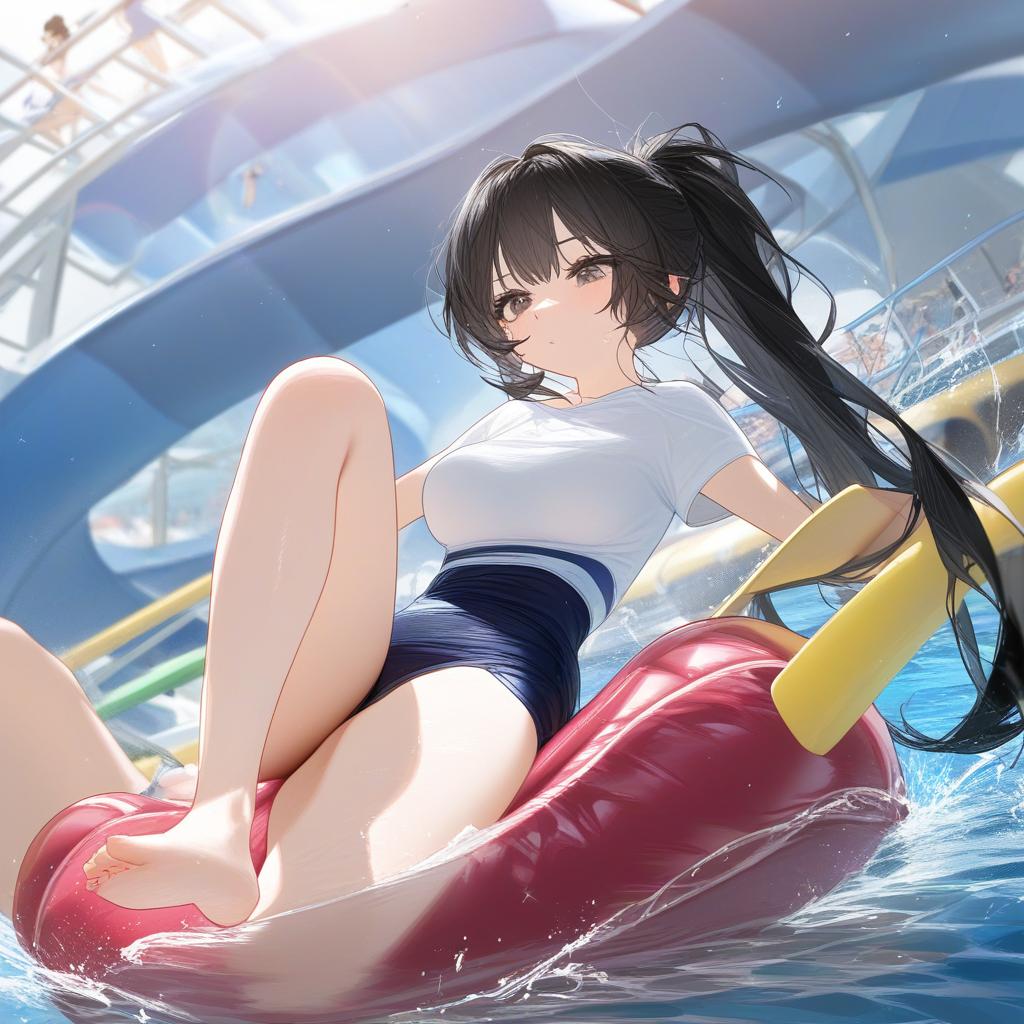   with black hair and ponytail in a compeion , sitting with legs straight and sliding down a water slide . best quality, high resolution