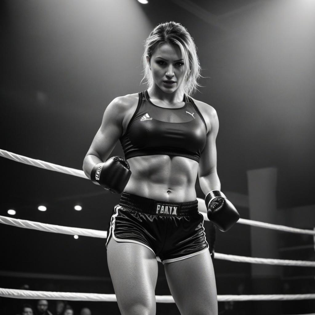  a candid, black and white shot capturing the raw, powerful side of a statuesque woman, drenched in sweat, in a boxing ring. her well defined muscles glint under harsh spotlight. captured with a pentax 645z and a 55mm f/2.8 lens. hyperrealistic, full body, detailed clothing, highly detailed, cinematic lighting, stunningly beautiful, intricate, sharp focus, f/1. 8, 85mm, (centered image composition), (professionally color graded), ((bright soft diffused light)), volumetric fog, trending on instagram, trending on tumblr, HDR 4K, 8K