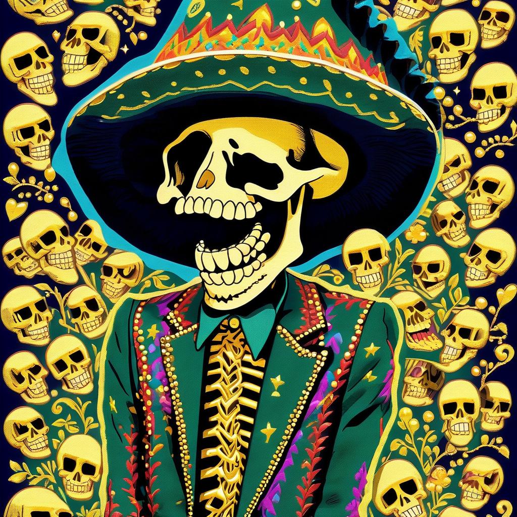  psychedelic style a smiling skeleton without a lower jaw, the upper front fangs are highlighted, he has a mischievous squint, a dark blue flame burns in his eye sockets, replacing his eyes, on his head he wears a sambrero with ornaments in the form of skulls that hang on beads in a circle, one in a spacious dark green shirt with embroidered sleeves. over the shirt, he wears a snakeskin jacket embroidered with gold and silver, the embroidery is made in the form of grinning skulls, the jacket also has a fur collar and bottom, stylized slits, . vibrant colors, swirling patterns, abstract forms, surreal, trippy