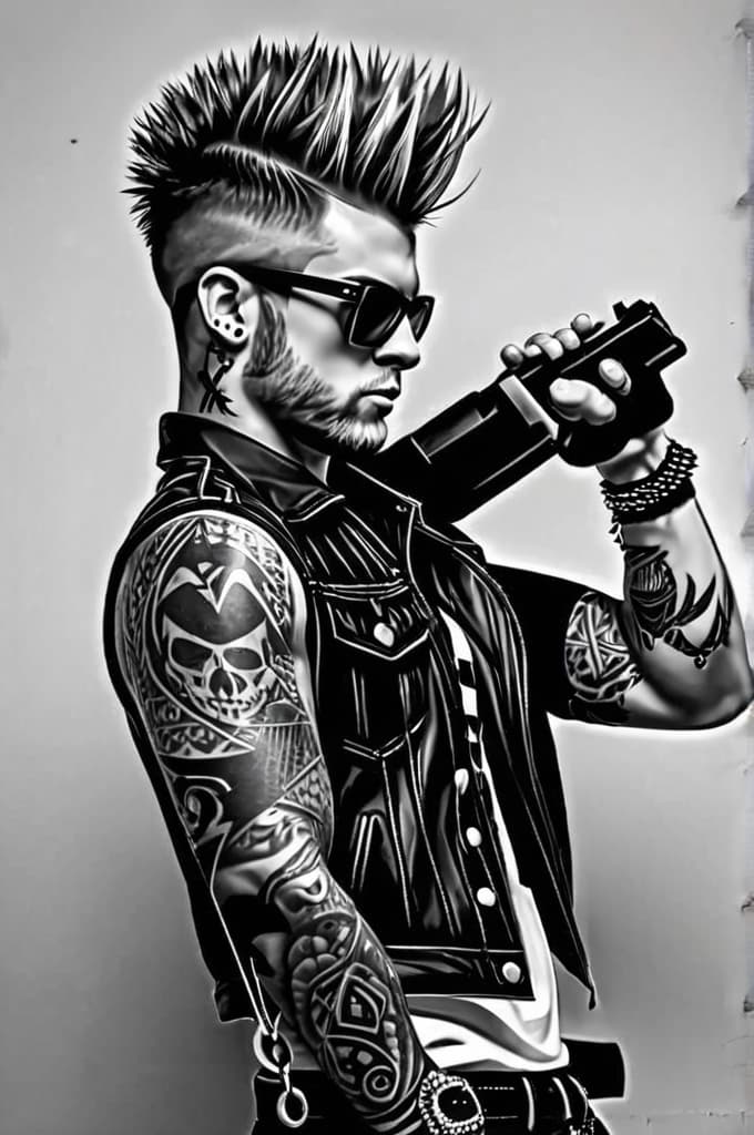  rebel yell more more more, (tattoo:1.15), black and white style, hq, hightly detailed, 4k