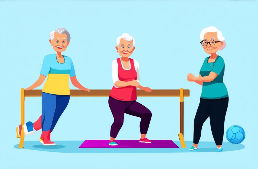  elderly people cartoon characters doing sports, practicing yoga, enjoying aerobics and gymnastics. flat illustration ar 3:2 {prompt}, maximum details