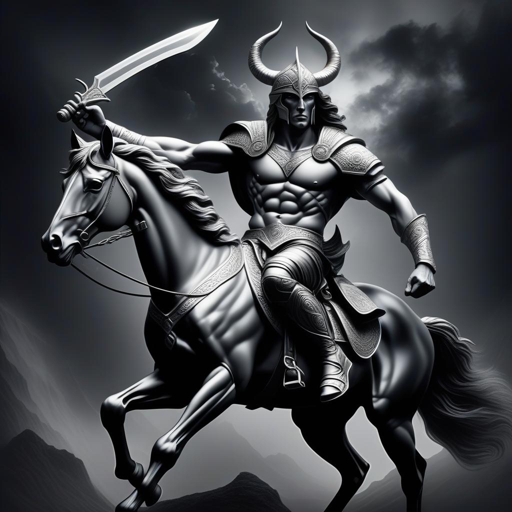  ((pencil drawing)), A stunning, high-definition 4k airbrushed illustration by artist Og Abel, featuring a captivating centaur with a sleek black and silver design. The centaur is half-sideways, showing off its athletic form and strength, with a massive great-sword gripped in its hands. The creature is in the midst of intense pose, its eyes filled with determination. The background is a striking black void, allowing the centaur to stand out with its super realistic and hyper-detailed design, enhanced by the HDR effect. This artwork is perfect for printing on a t-shirt, showcasing the beauty and power of this mythical creature. , high quality, highly detailed, 4K, 8K