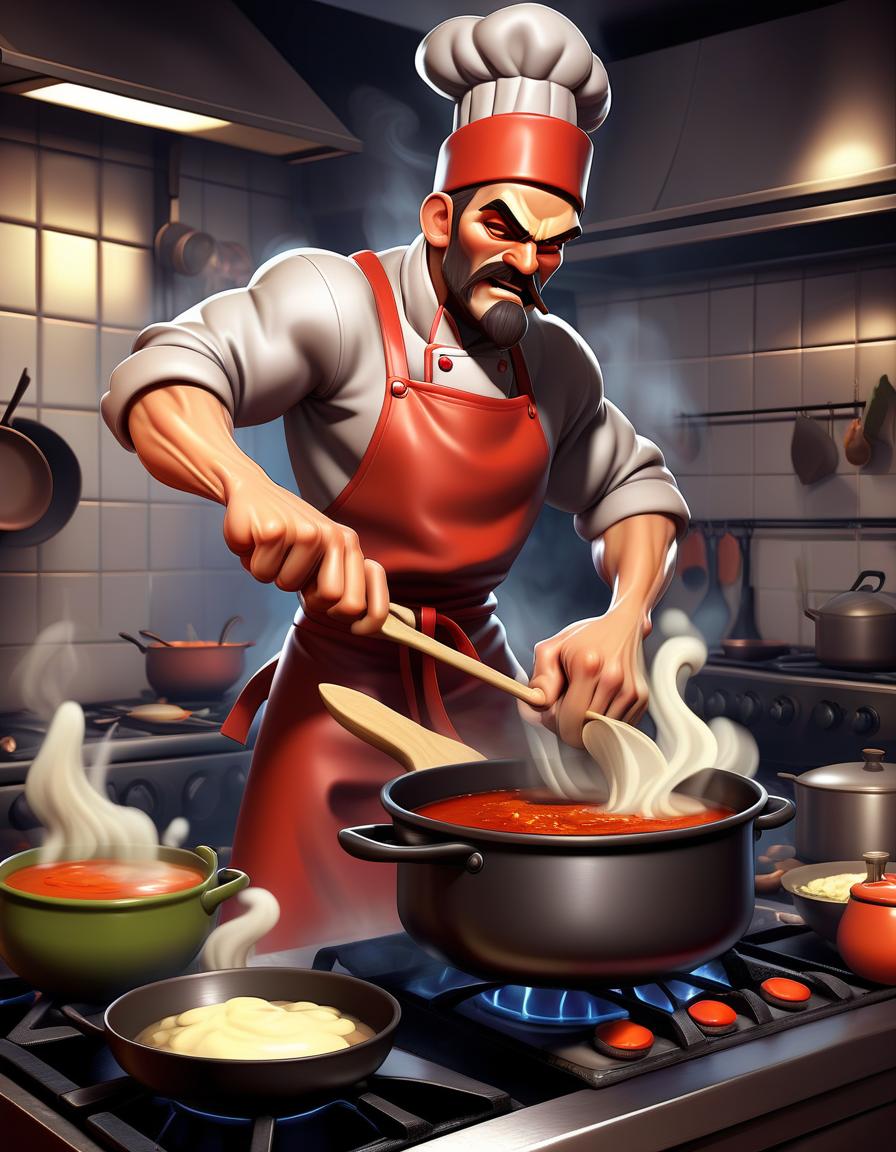  fighting game style a cook in the middle of the cooking process, standing behind the stove and stirring the sauce in a pot with fragrant steam. . dynamic, vibrant, action packed, detailed character design, reminiscent of fighting video games