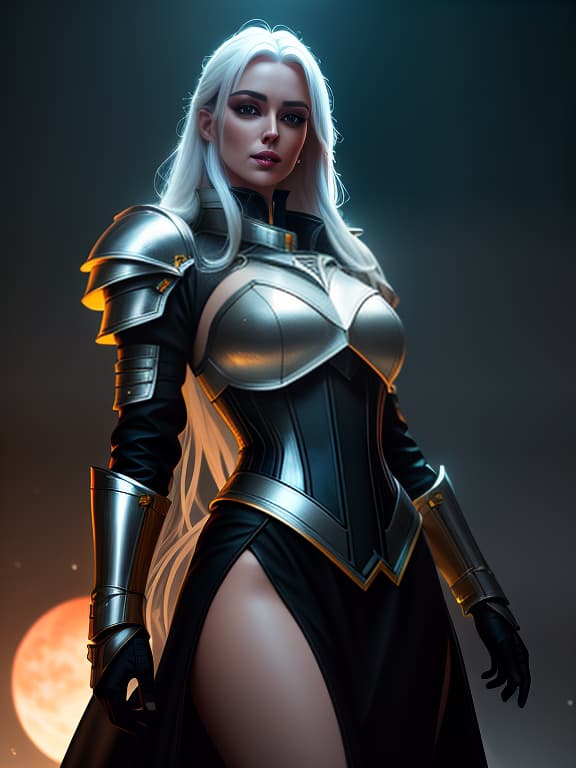  surrealistic fantasy image in a space theme, (planets, outer space, stars, twilight, detailed), 1 young , a knight, is in outer space, looking at the viewer, with long hair, snow white hair color, closed armor made of metal, leather corset, metal shoulder pads, made of thin metal plates, parted lips, her body is enveloped in an aura of warm neon luminescent soft light, (extremely detailed oil painting:1.2), glow effects, godrays, hand drawn, render, 8k, octane render, cinema 4d, blender, dark, atmospheric 4k ultra detailed, cinematic sensual, sharp focus, humorous ilration, big depth of field, masterpiece, colors, 3d octane render, 4k, concept art, trending on artstation, hyperrealistic, vivid colors, extremely detailed  hyperrealistic, full body, detailed clothing, highly detailed, cinematic lighting, stunningly beautiful, intricate, sharp focus, f/1. 8, 85mm, (centered image composition), (professionally color graded), ((bright soft diffused light)), volumetric fog, trending on instagram, trending on tumblr, HDR 4K, 8K