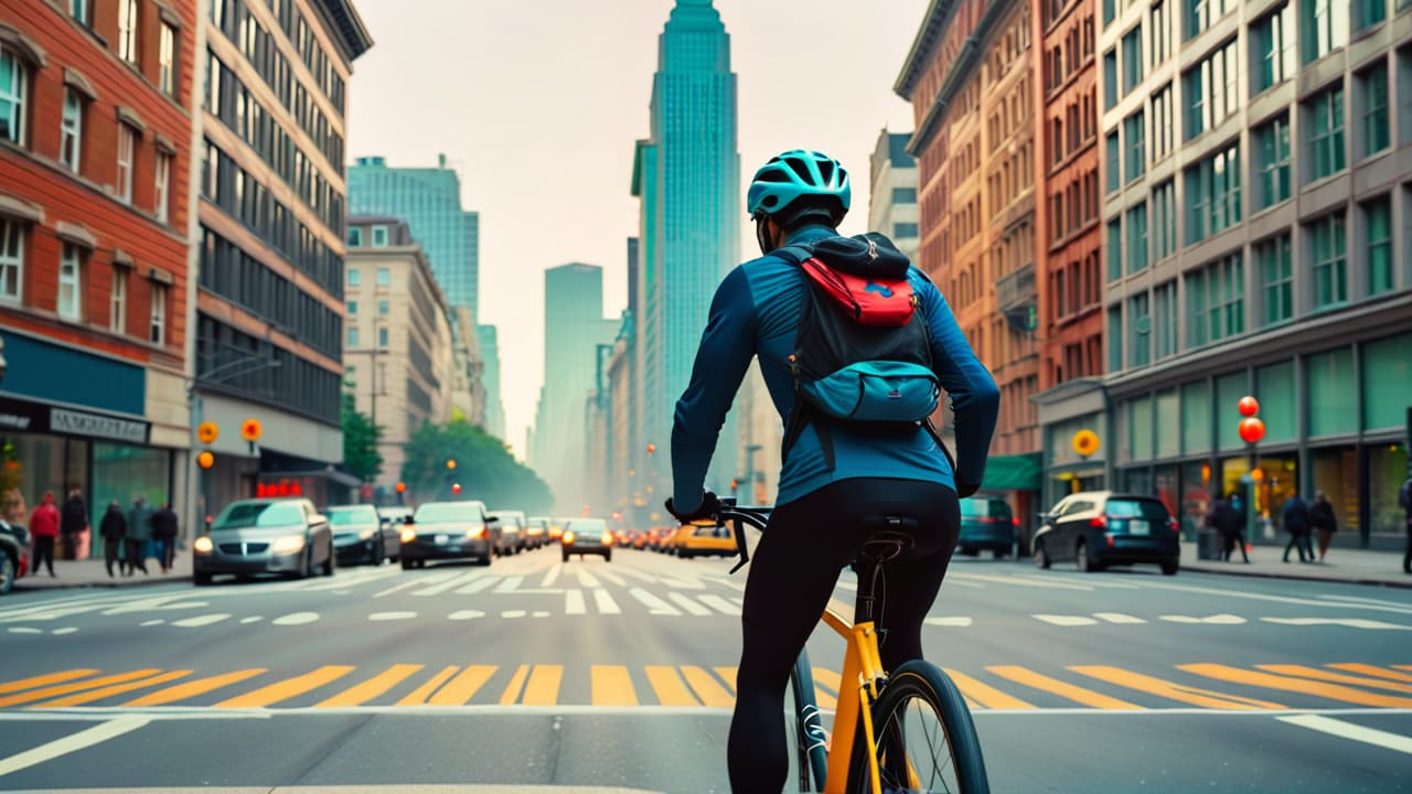  a cyclist navigating a busy urban street, surrounded by tall buildings, bustling pedestrians, and vibrant street art, with traffic signals and bike lanes visible, showcasing the contrast between road biking and city life. hyperrealistic, full body, detailed clothing, highly detailed, cinematic lighting, stunningly beautiful, intricate, sharp focus, f/1. 8, 85mm, (centered image composition), (professionally color graded), ((bright soft diffused light)), volumetric fog, trending on instagram, trending on tumblr, HDR 4K, 8K