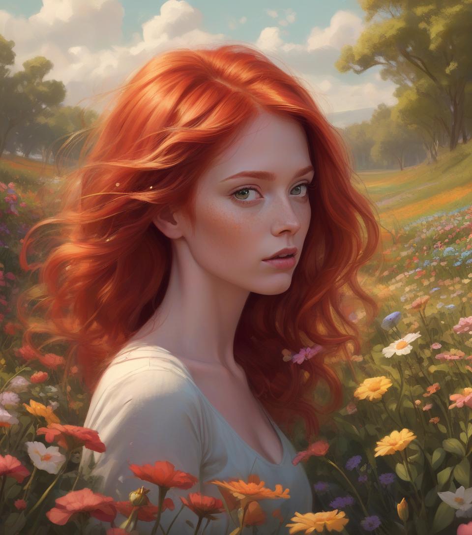  concept art painting &quot;woman with red hair in a flower field&quot;, gorgeous digital painting, beautiful digital painting, galen dara, redhead woman, stunning digital painting, inspired by vincent lefevre, rhads and lois van baarle, digital oil painting, author: mads mountain, digital oil painting, portrait of a red haired girl, by igor grabar . digital artwork, illustrative, painterly, matte painting, highly detailed