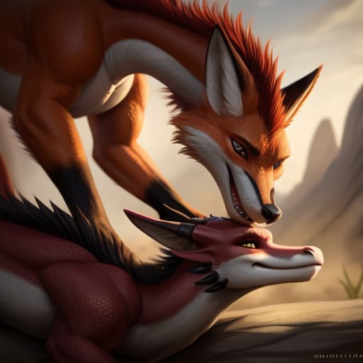  Fox getting spitroasted by two dragons, open eyes, digital art, masterpiece, 4k, fine details,