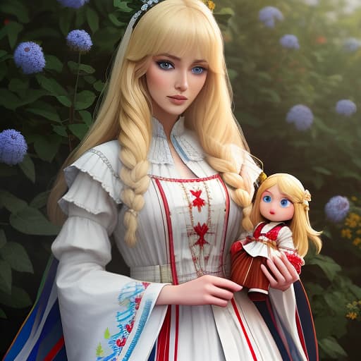  the image is presented by a young of slavic appearance, . she's got long blond hair, wrapped in a coward, painted by colour ribbons. the eyes are blue, bright, with long eyelashes. it's wearing a traditional slavic dress with a stick, bright red and white shades, with long sleeves and a wide . she's holding a hand doll dressed in a miniature dress like her own. the imagery fan is a green gr with colored wild flowers. hyperrealistic, full body, detailed clothing, highly detailed, cinematic lighting, stunningly beautiful, intricate, sharp focus, f/1. 8, 85mm, (centered image composition), (professionally color graded), ((bright soft diffused light)), volumetric fog, trending on instagram, trending on tumblr, HDR 4K, 8K