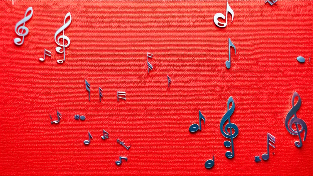  professional detailed photography, many musical treble clef, notes scattered on red background ar 16:9, (muted colors, dim colors, soothing tones), (vsco:0.3)