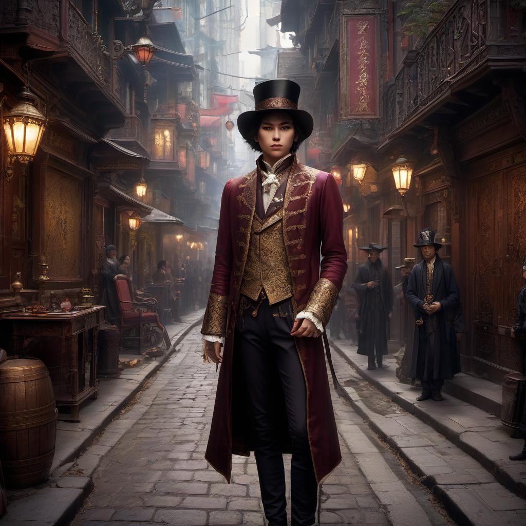  role playing game (rpg) style fantasy young aristocrat on the street in the late 19th century . detailed, vibrant, immersive, reminiscent of high fantasy rpg games, hkmagic