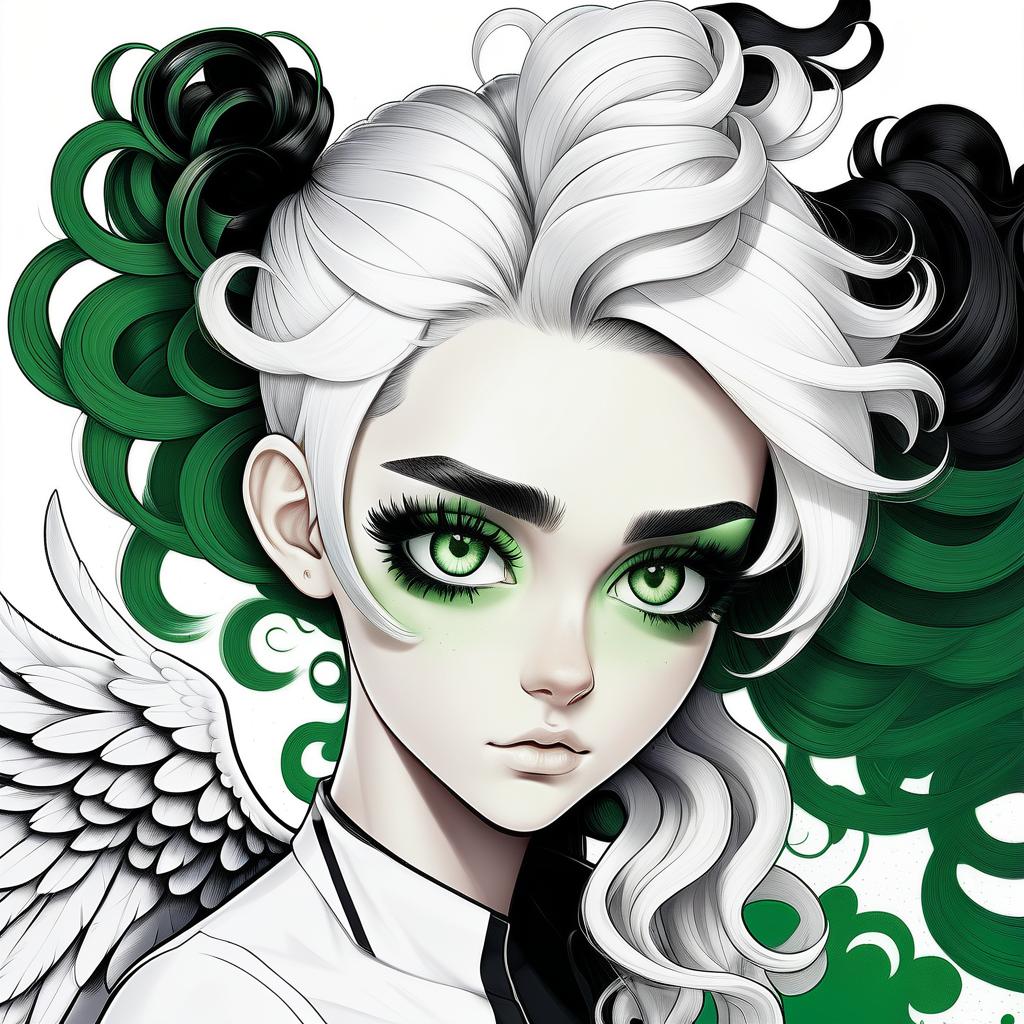  2) one wing white, the other black, open (3) curly black and white hair, the right half of the hair on the head is white, the left half of the hair on the head is black. (5) black and white art 6) green eyes remaining black and white