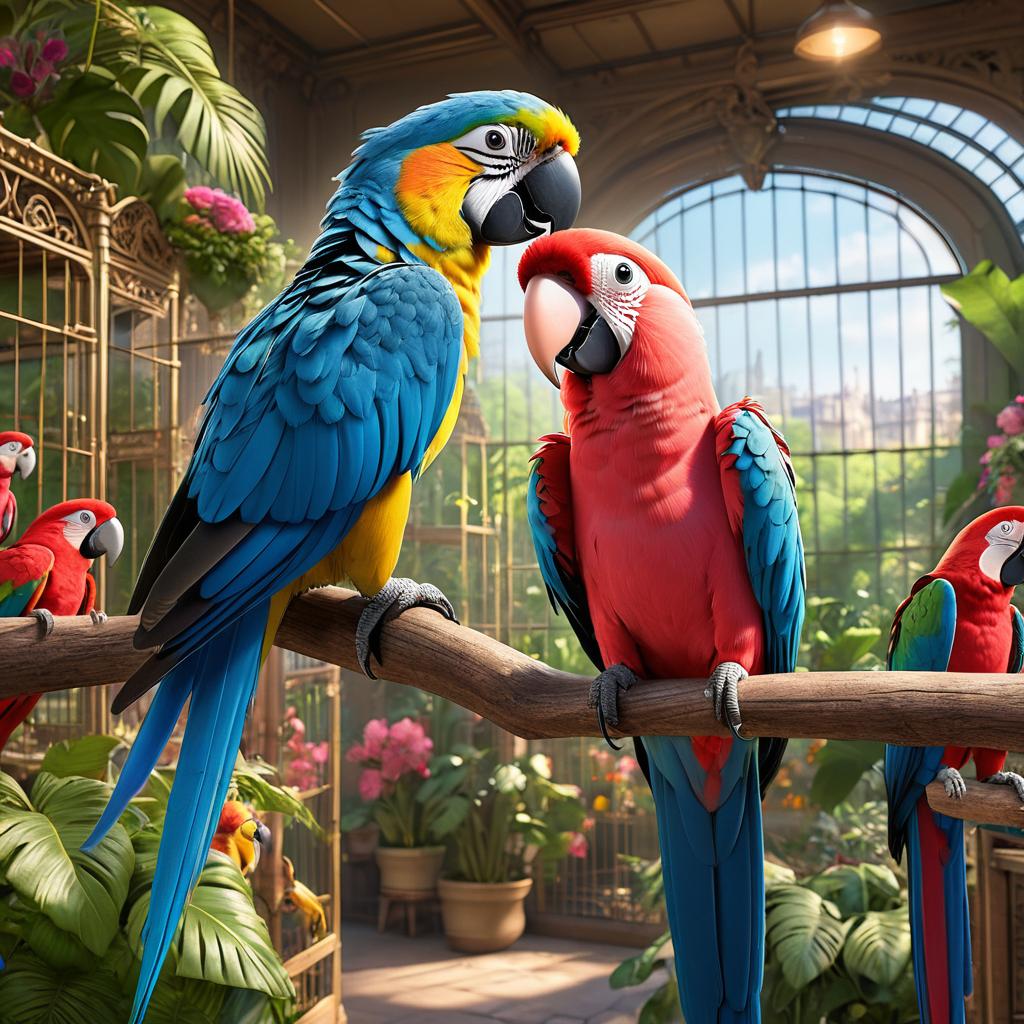  in 3d animated movie style. disney pixar style. paris, with a curious and kind heart, wearing a pink t shirt and denim shorts, captivated by parrots grooming each other. lush aviary with vint foliage, intricate wooden perches for parrots. high resolution pixar 3d animation. bright, soft lights highlighting vivid colors and textures of parrots. focus on paris marveling at parrots from a slightly elevated angle, dynamic bird interactions in the backdrop.