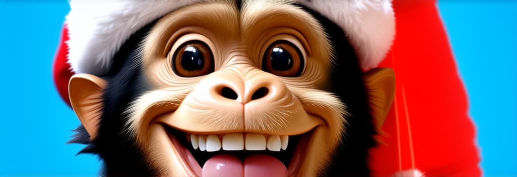  cute smiling monkey with white teeth in santa's hat against pastel blue background ar 3:1, (natural skin texture), highly detailed face, depth of field, hyperrealism, soft light, muted colors