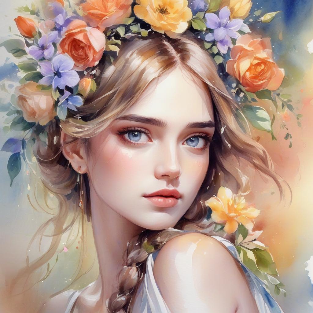  watercolor painting q, 7, ♥, e, there is a woman with flowers in her hair and a dress, beautiful gorgeous digital art, beautiful fantasy art portrait, beautiful digital art, beautiful digital artwork, very beautiful digital art, beautiful fantasy portrait, beautiful feminine face, beautiful art uhd 8 k, gorgeous digital art, beautiful digital painting, beautiful fantasy maiden, karol bak uhd, beautiful art, beautiful painting, by ank . vibrant, beautiful, painterly, detailed, textural, artistic