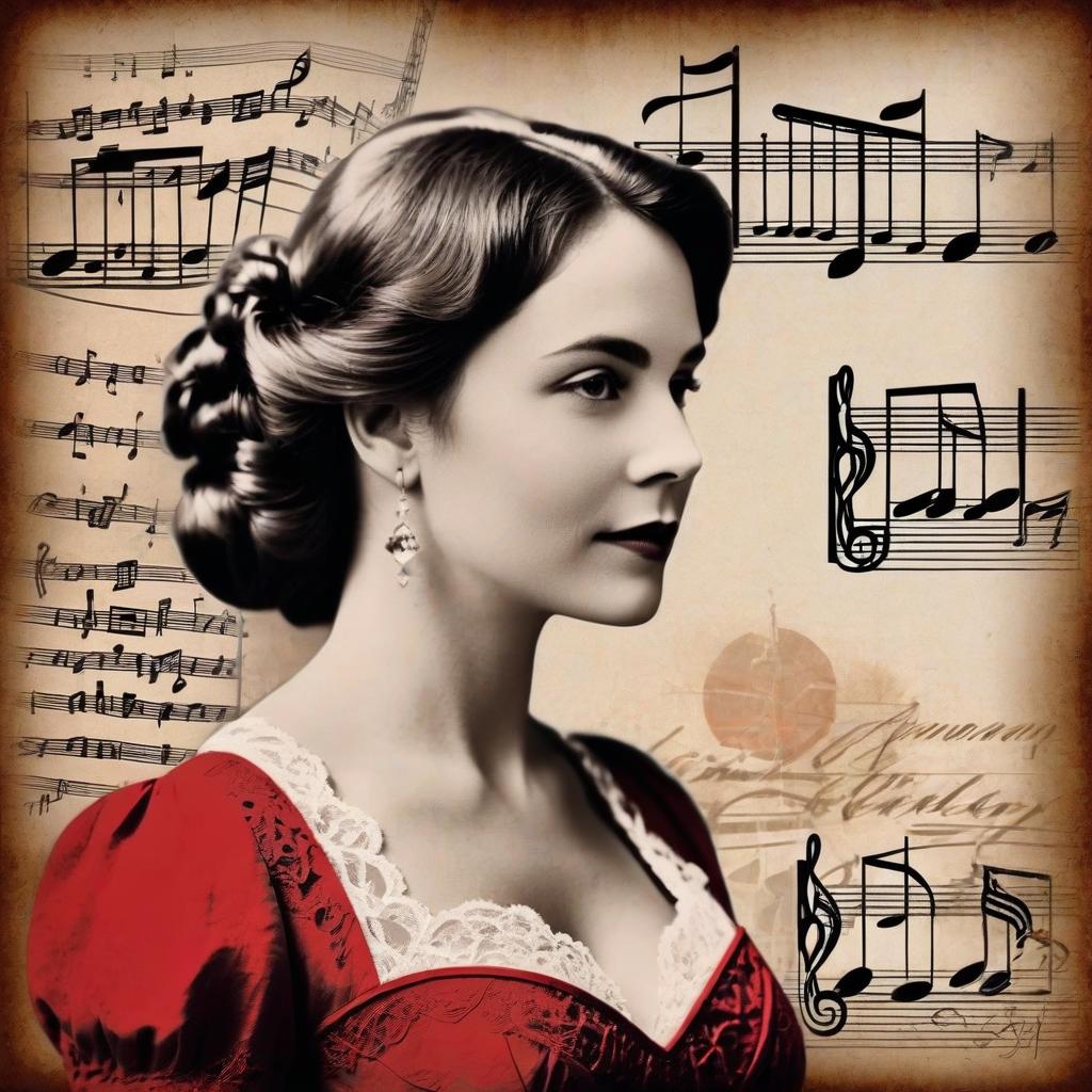  collage style a woman in a red dress of the 19th century. musical notes, very beautiful, cinematic, calligraphic lines., modern processing. deep colors, beautiful patterns, illustrations in the style of peter sokolov . mixed media, layered, textural, detailed, artistic