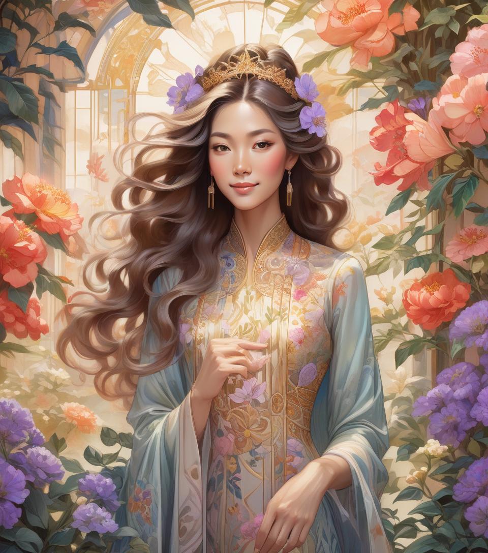  oriental woman sporting a subtle smile amidst an opulent flower garden, imperial hues enveloping the art nouveau inspired floral backdrop, crowned regally, radiant backlighting highlighting her flowing hair, radiant, mythical allure transcending existence, watercolor aesthetic, greg rutkowski's touch, trending on artstation, razor sharp focus, studio setting, elaborate intricacies, volumetric