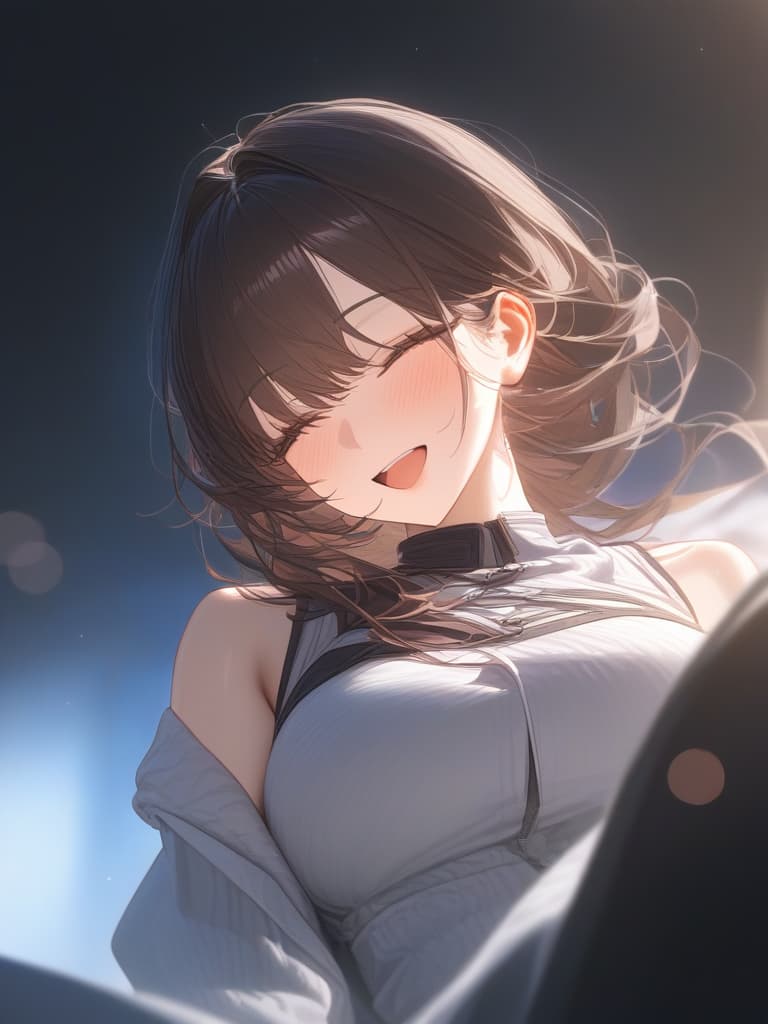  a girl laughing at me, bright brown hair, long hair, transparent ephemeral, black sleeveless dress, white cardigan, whole body facing in front, laughing, laughing, starry sky under the whole body, facing here, masterpiece, best quality,8k,ultra detailed,high resolution,an extremely delicate and beautiful,hyper detail hyperrealistic, full body, detailed clothing, highly detailed, cinematic lighting, stunningly beautiful, intricate, sharp focus, f/1. 8, 85mm, (centered image composition), (professionally color graded), ((bright soft diffused light)), volumetric fog, trending on instagram, trending on tumblr, HDR 4K, 8K