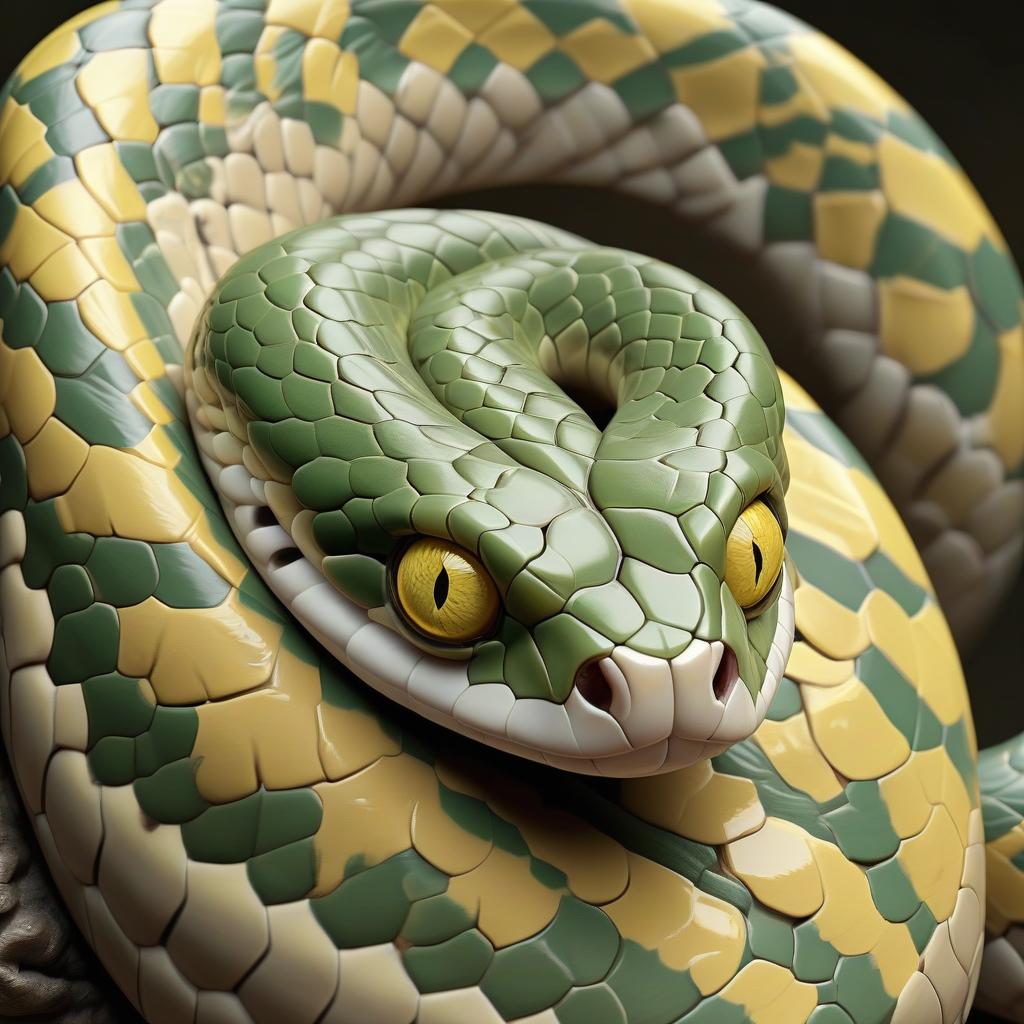  hyperrealistic art green beige snake with detailed scaly skin and piercing yellow eye . extremely high resolution details, photographic, realism pushed to extreme, fine texture, incredibly lifelike