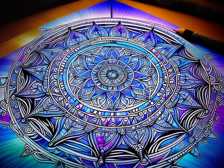  draw a beautiful mandala, and inside it a mercaba of two triangles, against a beautiful blue blue, purple sky., (intricate details:1.12), hdr, (intricate details, hyperdetailed:1.15)