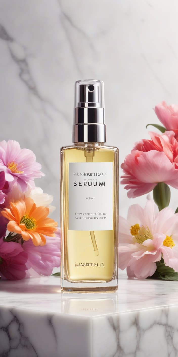  there is a long and thin glass serum bottle with silver pump standing on a marble block with colorful flowers around, in a white studio setting, product shooting, outdoor advertising style, strong light and shadow, closeup view, color levels, hyperfine detail, shot by hasselblad, realism, depth of field, high quality