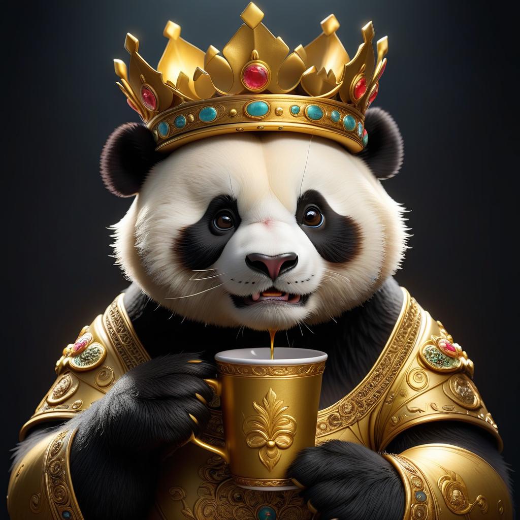  create a golden colored picture in the center of a cartoon brutal panda with a crown on its head holding a cup in its paws on a black background hyperrealistic, full body, detailed clothing, highly detailed, cinematic lighting, stunningly beautiful, intricate, sharp focus, f/1. 8, 85mm, (centered image composition), (professionally color graded), ((bright soft diffused light)), volumetric fog, trending on instagram, trending on tumblr, HDR 4K, 8K