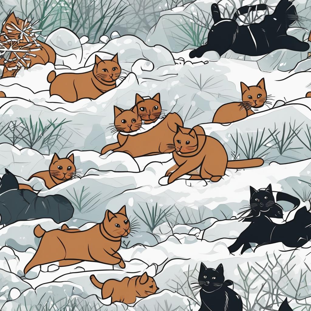  masterpiece, best quality,Please draw a picture of four cats chasing in the snow