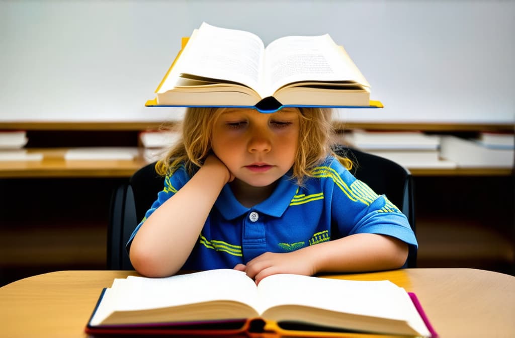  a primary school child is sitting at a table, an open book is on the child's head, cover up, tired of studying ar 3:2 {prompt}, maximum details