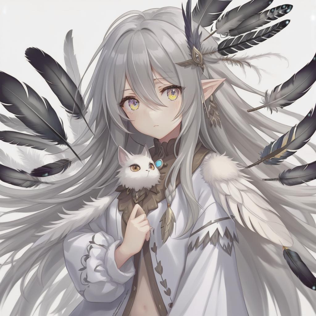  concept art beautiful cute anime girl with long gray hair, white eyes, feathers instead of ears . digital artwork, illustrative, painterly, matte painting, highly detailed