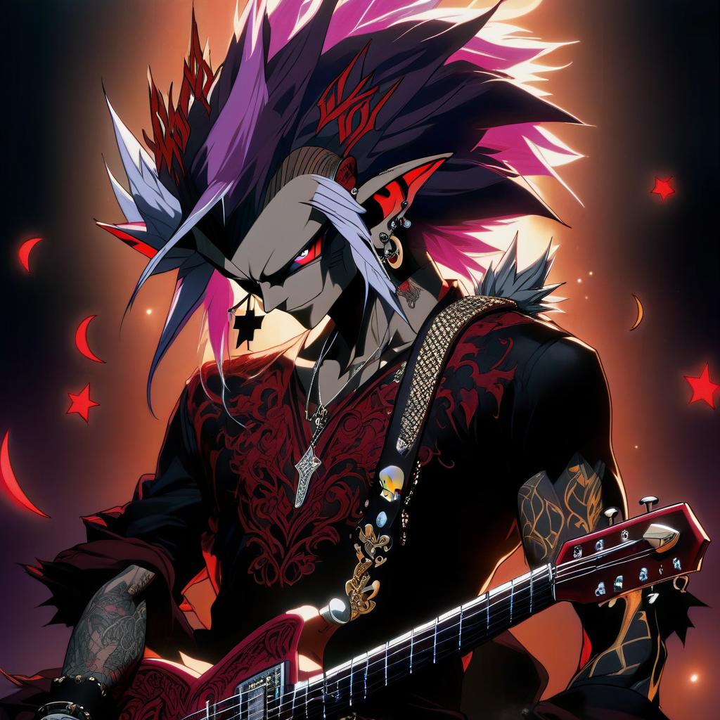  anime artwork a dark elf male rock performer with a guitar in his hands, his face turned straigh marble white skin, purple scarlet hair, lavender eyes with a red tint, dressed in a red violet shirt embroidered with red gold over the shirt wears , hairstyle in the style of hedgehog hair. an earring in the right ear, in the shape of a month. the crescent moon tattoo . anime style, key visual, vibrant, studio anime, highly detailed hyperrealistic, full body, detailed clothing, highly detailed, cinematic lighting, stunningly beautiful, intricate, sharp focus, f/1. 8, 85mm, (centered image composition), (professionally color graded), ((bright soft diffused light)), volumetric fog, trending on instagram, trending on tumblr, HDR 4K, 8K